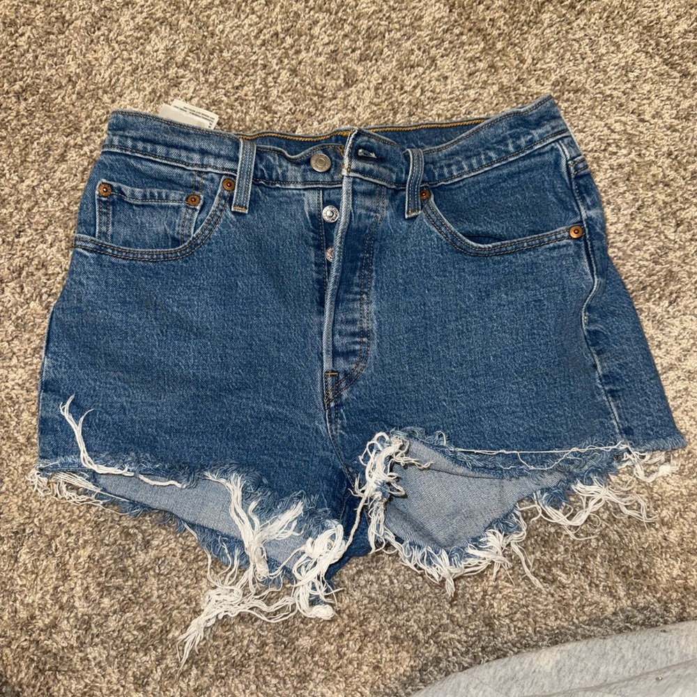 Levi's Blue High-Waisted Jean Shorts with Frayed Hem